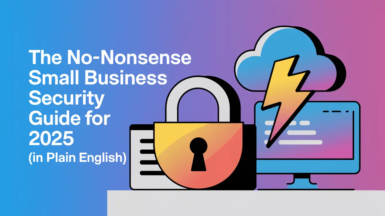 Isometric illustration of cybersecurity elements including a padlock, cloud storage, and computer monitor on a dark background with gradient blue and purple colors. Text reads 'The No-Nonsense Small Business Security Guide for 2025 (In Plain English!)